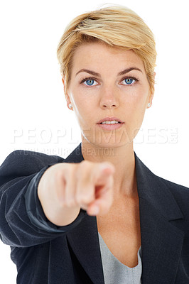 Buy stock photo Portrait, businesswoman or pointing to you for recruitment isolated on white background in studio. Serious, pick or manager with gesture, choice or promotion showing an opportunity, vote or selection