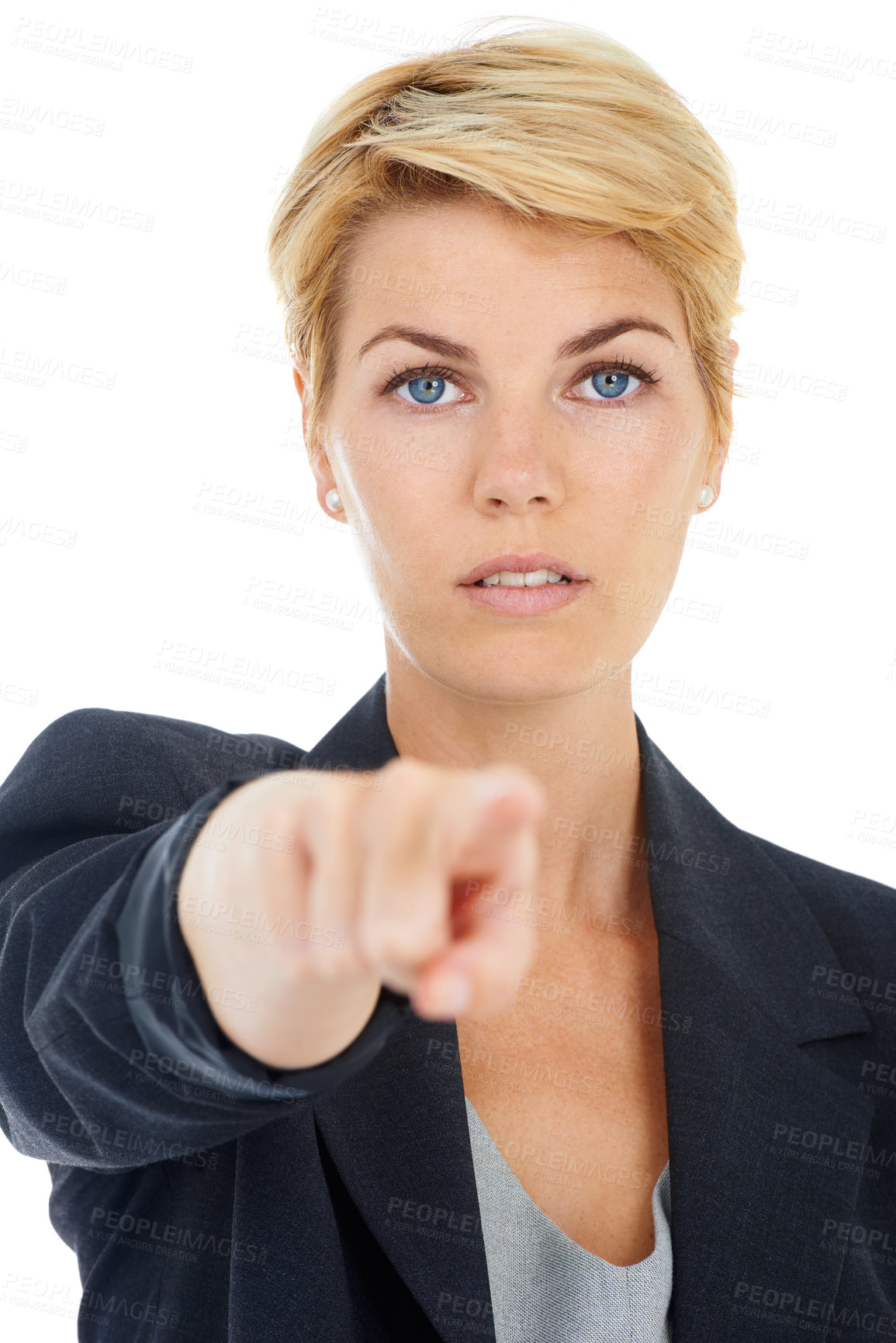 Buy stock photo Portrait, businesswoman or pointing to you for recruitment isolated on white background in studio. Serious, pick or manager with gesture, choice or promotion showing an opportunity, vote or selection