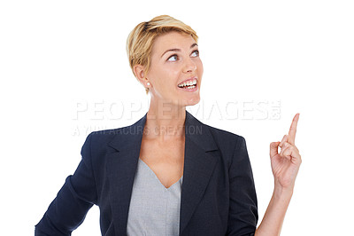 Buy stock photo Announcement, space or businesswoman in studio pointing up to loan offer or about us. Presentation, white background or happy financial advisor showing a sales discount, ads promotion or investment