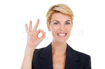 Buy stock photo Businesswoman, okay and satisfaction in studio, portrait and approval emoji by white background. Female person, employee and yes or symbol for promotion, feedback and like icon or corporate victory