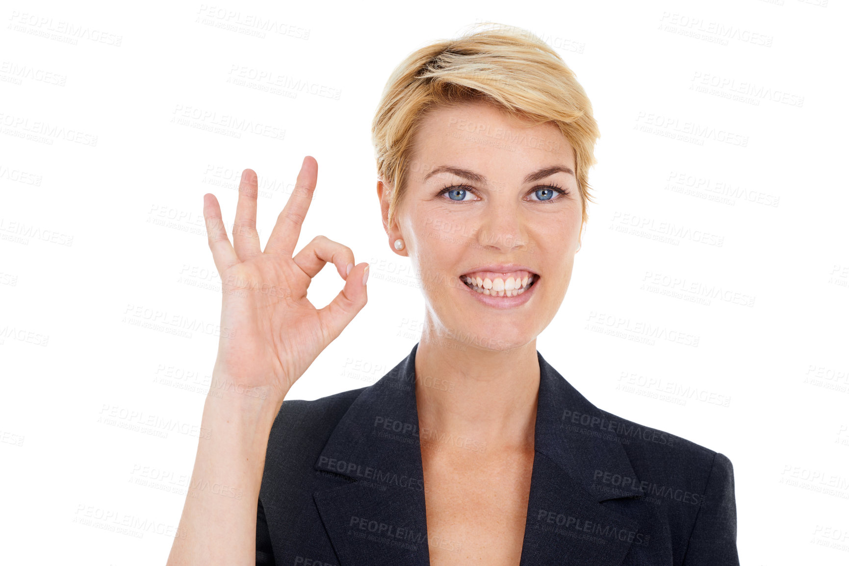 Buy stock photo Businesswoman, okay and satisfaction in studio, portrait and approval emoji by white background. Female person, employee and yes or symbol for promotion, feedback and like icon or corporate victory