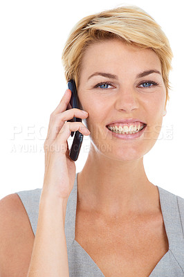 Buy stock photo Businesswoman, phone call and networking in studio portrait, communication and smile by white background. Happy female person, professional and smartphone for conversation, discussion and technology