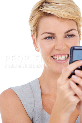 Buy stock photo Phone, white background or happy woman on social media to chat on internet or website notification. News, smile or female entrepreneur in studio texting, networking or typing online on mobile app 