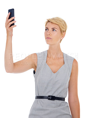 Buy stock photo Business woman, phone and signal search with professional with mobile issue of employee in studio. Corporate fashion, tech error and worker frustrated for internet connection with white background