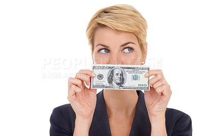 Buy stock photo Dollar, secret or businesswoman in studio on a white background for corruption or silence. Cover mouth, illegal payment or corrupt financial manager with cash for bribery, fraud or money laundering 