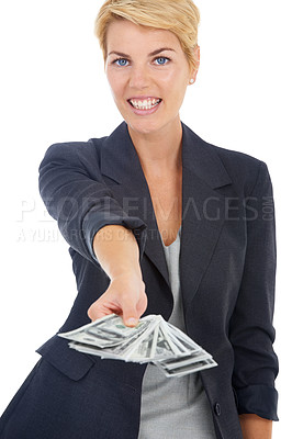 Buy stock photo Portrait of business woman with cash offer, dollars and bonus prize giveaway isolated on white background. Money, budget and profit, lady with financial freedom or credit funding payment in studio.