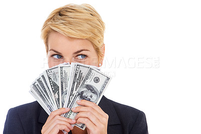 Buy stock photo Face of business woman with money fan, dollars and bonus prize giveaway isolated on white background. Cash bills, budget and savings, lady with financial freedom or credit funding payment in studio