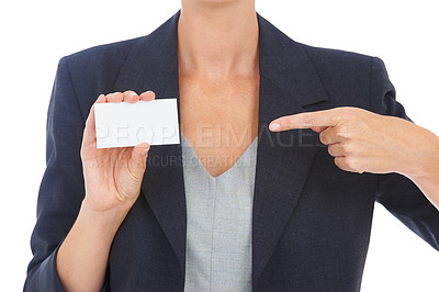Buy stock photo Business card, space and hands with mockup, contact information or job offer and career in studio. Professional entrepreneur or corporate person with presentation or opportunity on a white background