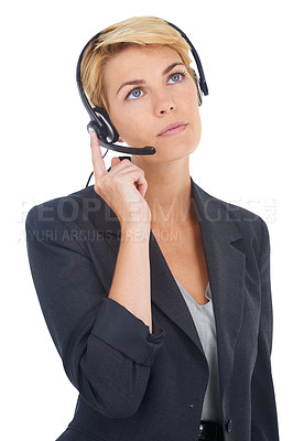 Buy stock photo Woman, headset and call centre consultant in studio, customer service and crm by white background. Female person, operator and telemarketing agent or representative, hotline and technical support