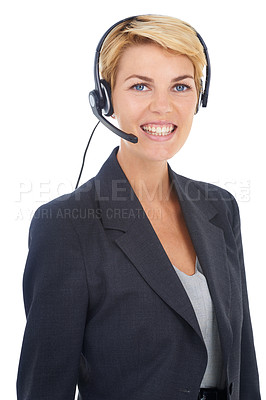 Buy stock photo Woman, portrait and call centre headset in studio, customer service and crm by white background. Female person, consultant and telemarketing agent or representative, hotline and technical support