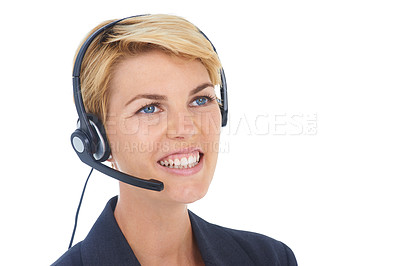 Buy stock photo Business woman, call center and thinking in studio for communication, customer service or support or solution. Professional agent, consultant or advisor for ideas or contact us on or white background