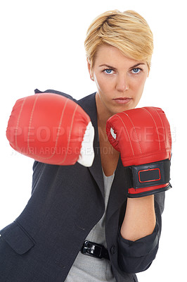 Buy stock photo Businesswoman, portrait and boxing gloves with career for corporate fight confident and white background. Executive, victory and woman for business success, triumph and serious female person