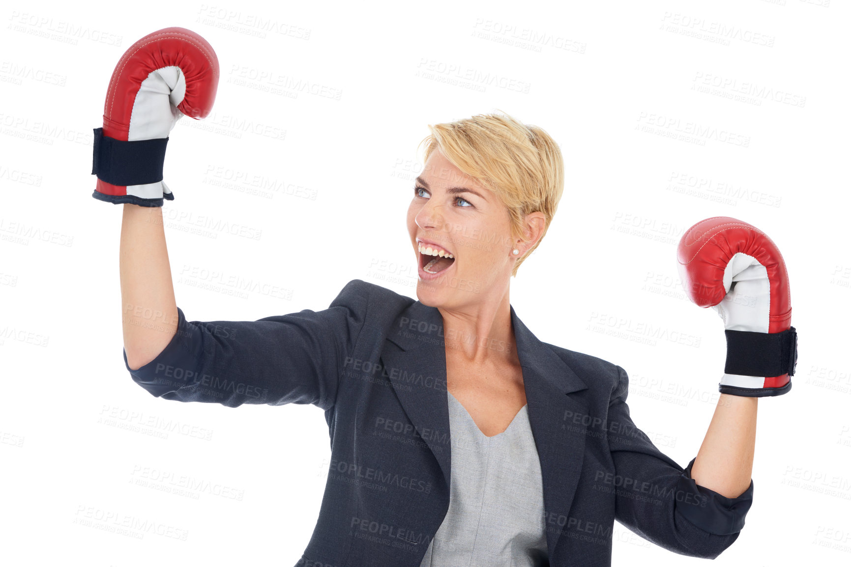 Buy stock photo Businesswoman, happiness and boxing gloves with success for corporate win, confident and white background. Executive, good news and celebration for business competition, triumph and female person