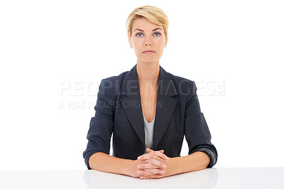 Buy stock photo Manager, studio or portrait of a businesswoman at desk for recruitment, hiring or start of an interview. Serious face, assertive or professional lady with confidence isolated on a white background