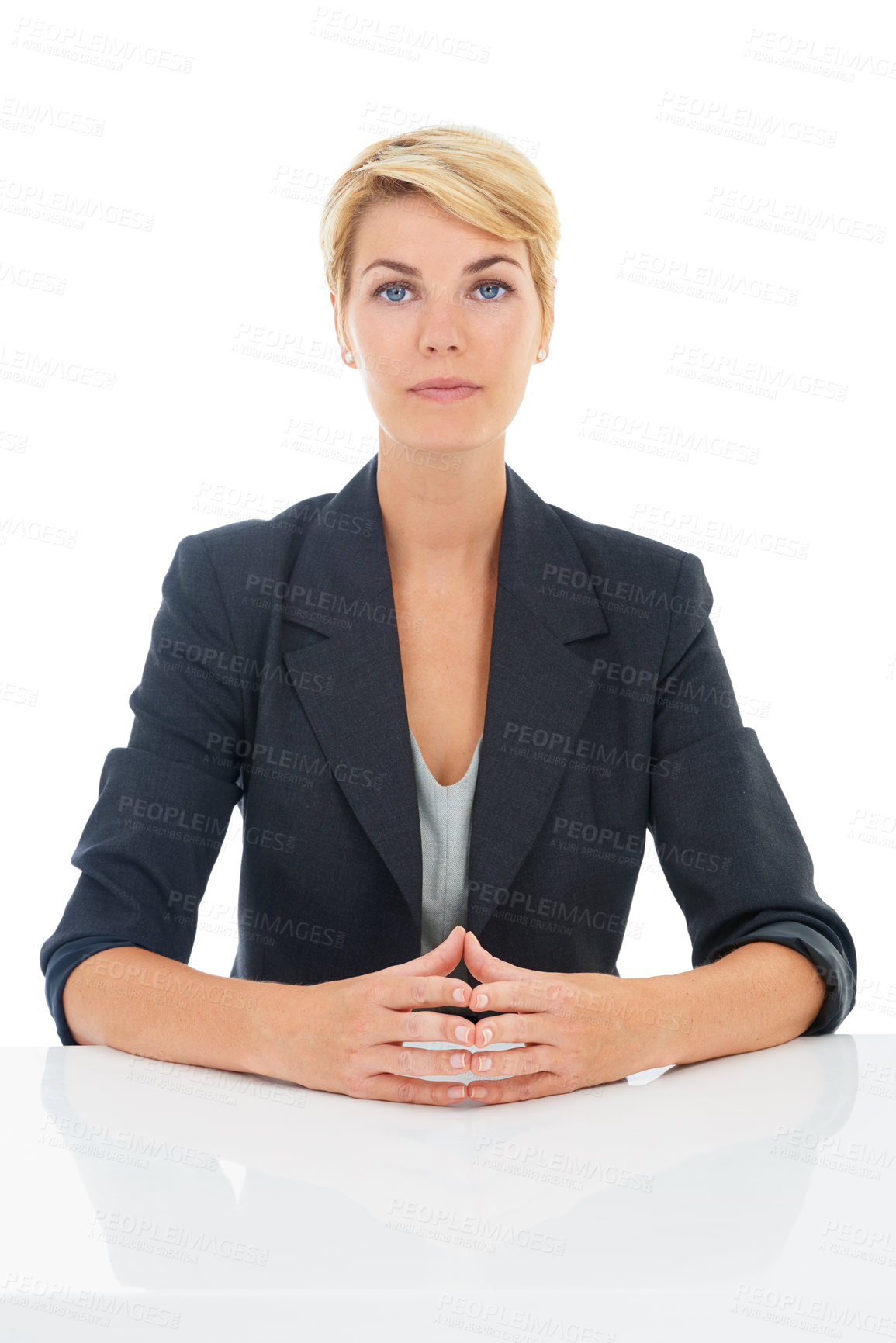 Buy stock photo Job interview, studio or portrait of a businesswoman at desk for recruitment, hiring or start in corporate. Serious face, assertive or professional lady with confidence isolated on a white background