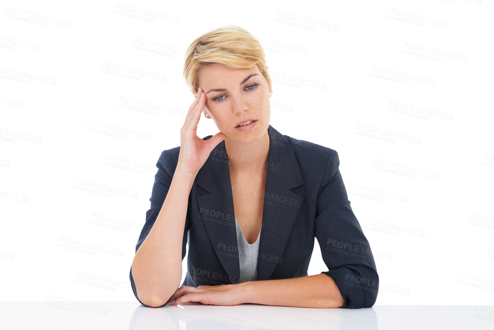 Buy stock photo Business woman, headache and thinking in studio of burnout, stress or mental health on white background. Tired, confused and sad worker with anxiety, brain fog and fatigue of mistake, doubt or crisis