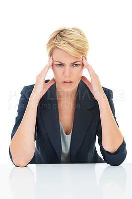 Buy stock photo Headache, business woman and thinking in studio of burnout, anxiety or mental health on white background. Tired, confused and sad worker with stress, brain fog and fatigue of mistake, doubt or crisis