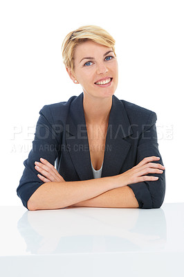 Buy stock photo Job interview, confidence or portrait of a businesswoman at desk for recruitment or hiring in studio. Smile, corporate, worker or professional lady with pride or company isolated on white background