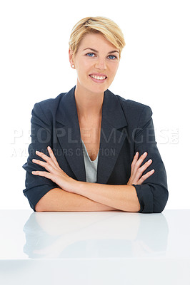 Buy stock photo Business, arms crossed or portrait of a happy woman at a desk for recruitment, hiring or start of interview. Professional, job or proud hr manager with smile in studio isolated on white background