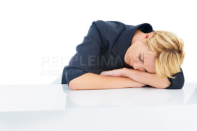Buy stock photo Tired, business woman and sleeping in studio with burnout, stress and low energy at table on white background. Fatigue, lazy and exhausted corporate employee taking a nap to rest with mockup space 