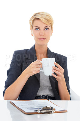 Buy stock photo Coffee, checklist or portrait of a businesswoman at a desk for recruitment, hiring or interview in studio. Drinking tea, serious lady or hr manager with paperwork or clipboard on a white background