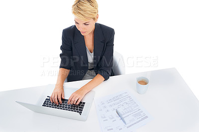 Buy stock photo Business woman, typing on computer and studio for accounting, taxes management and budget report. Accountant or worker on laptop at desk, search and planning of documents on a white background above