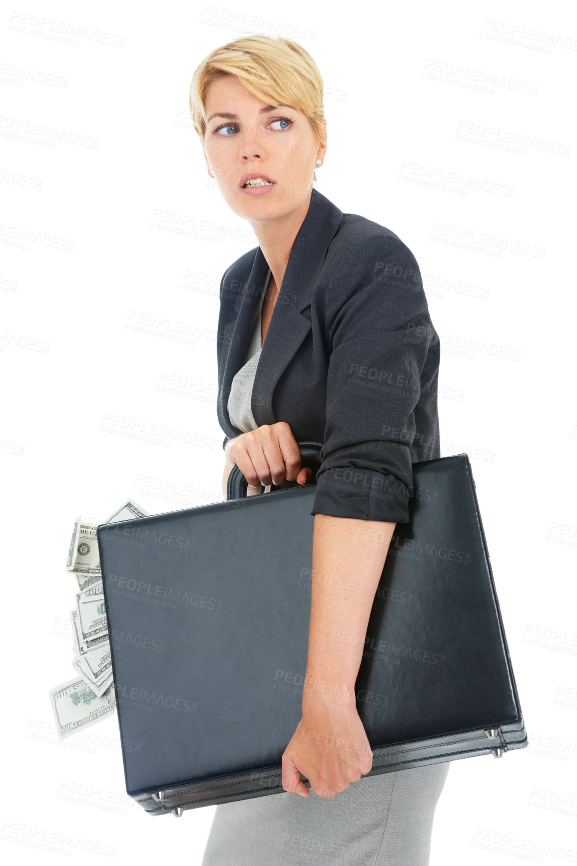 Buy stock photo Suitcase, money or businesswoman in studio walking for illegal payment, deal or secret scam. Scared, white background or financial manager with cash or dollars for bribery, corruption fraud or crime