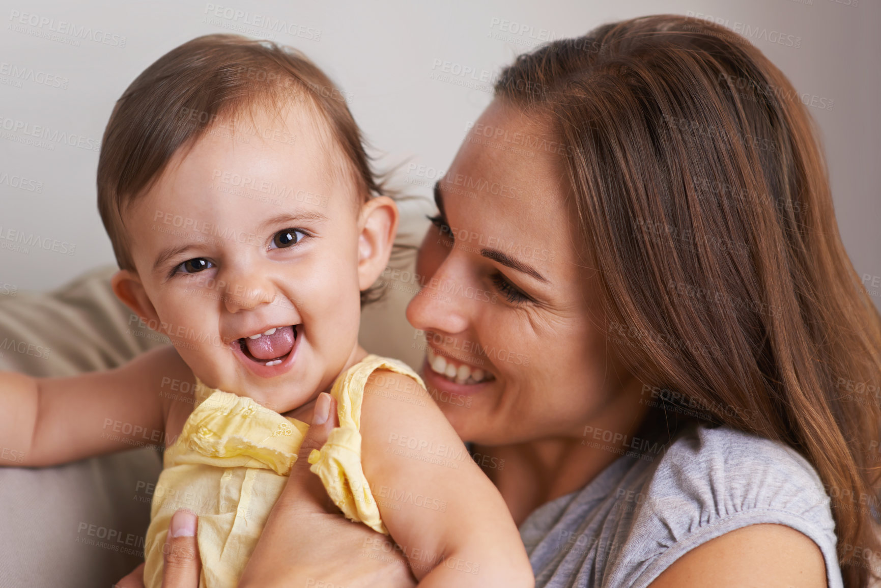 Buy stock photo Closeup portrait of a mother and baby daughter laughing