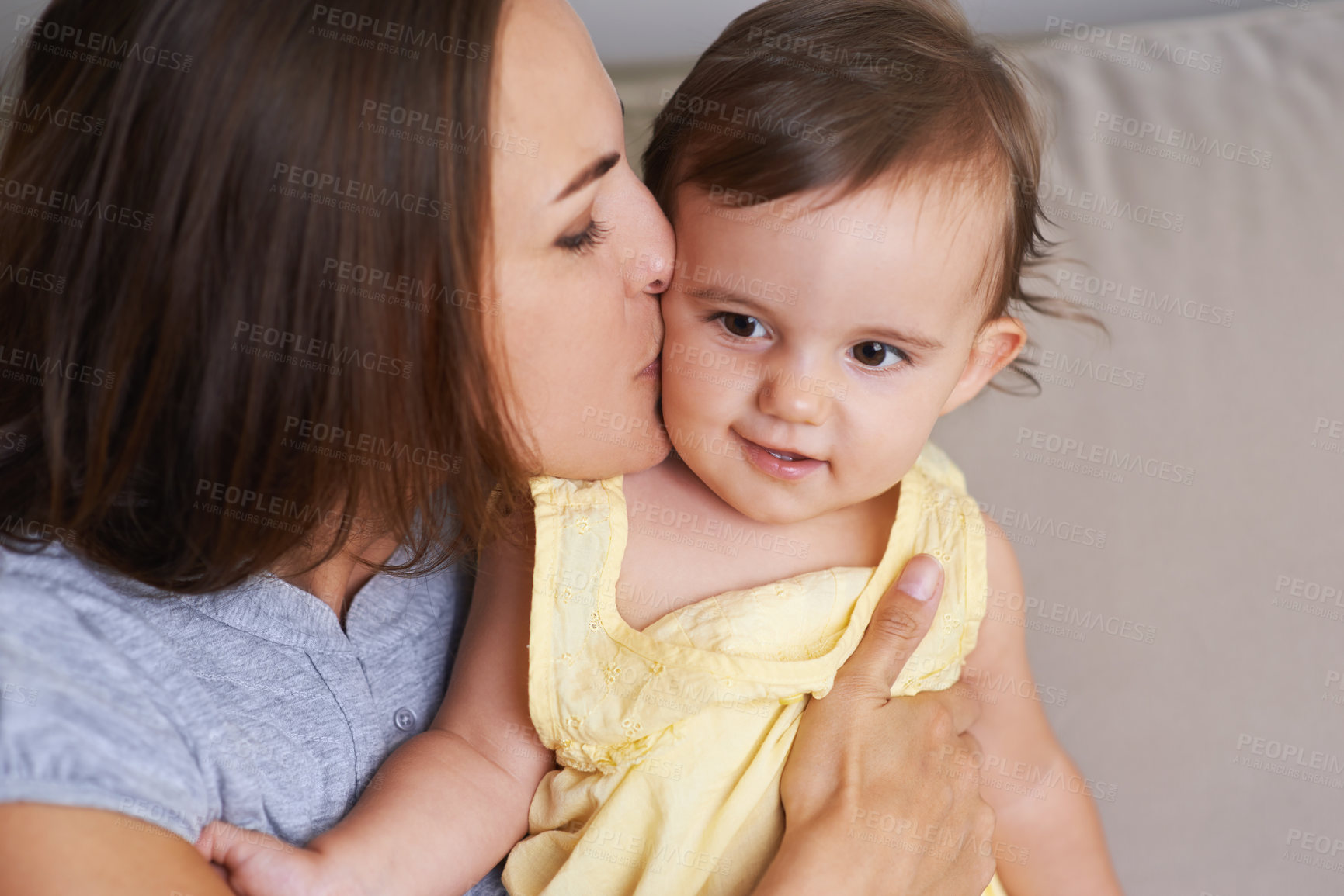 Buy stock photo Shot of an adorable little baby and her mother sharing a cute moment