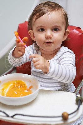 Buy stock photo Baby, high chair and food in bowl for meal, nutrition or healthy porridge with spoon at home. Portrait of young cute little child, kid or toddler playing with snack for hunger, vitamins or nutrients