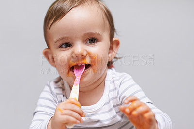 Buy stock photo Eating, cute and boy baby in chair with vegetable food for child development at home. Sweet, nutrition and hungry young kid or toddler enjoying healthy lunch, dinner or supper meal at house.
