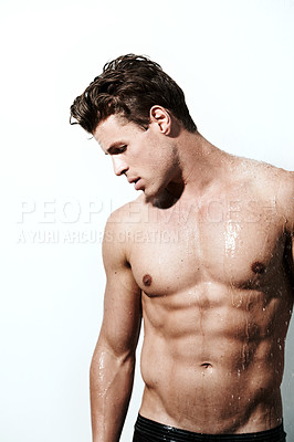 Buy stock photo Shower, hot and body of man with water for washing, cleaning and skincare wellness. Young, sexy and muscular male model person with grooming and hygiene for healthy skin by white studio background.