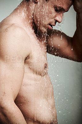 Buy stock photo Man in shower thinking, cleaning hair and body for morning wellness, hygiene and skin routine. Grooming, skincare and male model with muscle washing with water, self care and relax in calm bathroom.