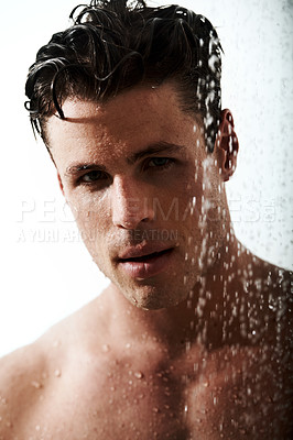 Buy stock photo Portrait of man in shower with muscle, cleaning hair and body for morning wellness, hygiene and routine. Grooming, skincare and relax, male model washing in water with self care and calm bathroom.