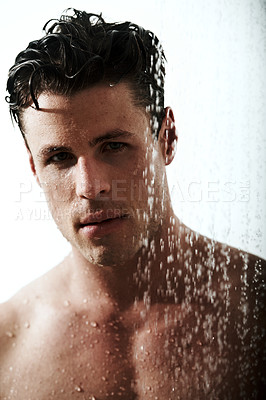 Buy stock photo Portrait of man in shower, cleaning body and grooming for morning wellness, hygiene and skin routine. Relax, skincare and face of male model with muscle washing in water, self care and calm bathroom.