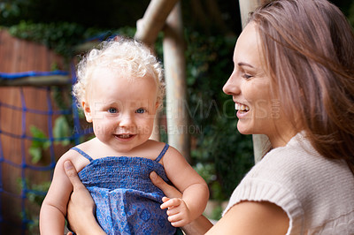 Buy stock photo Smile, mother and love for baby child, care and family bonding together at home. Mom, happy kid and cute innocent toddler, adorable and funny blonde girl laughing with parent in healthy relationship