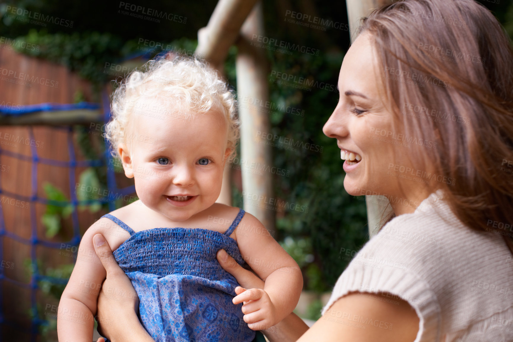 Buy stock photo Smile, mother and love for baby child, care and family bonding together at home. Mom, happy kid and cute innocent toddler, adorable and funny blonde girl laughing with parent in healthy relationship