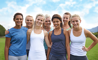 Buy stock photo Group, friends and smile on field with portrait for fitness, sport and exercise with collaboration. Teamwork, people and women with face, health or blue sky outdoor in nature for workout or training