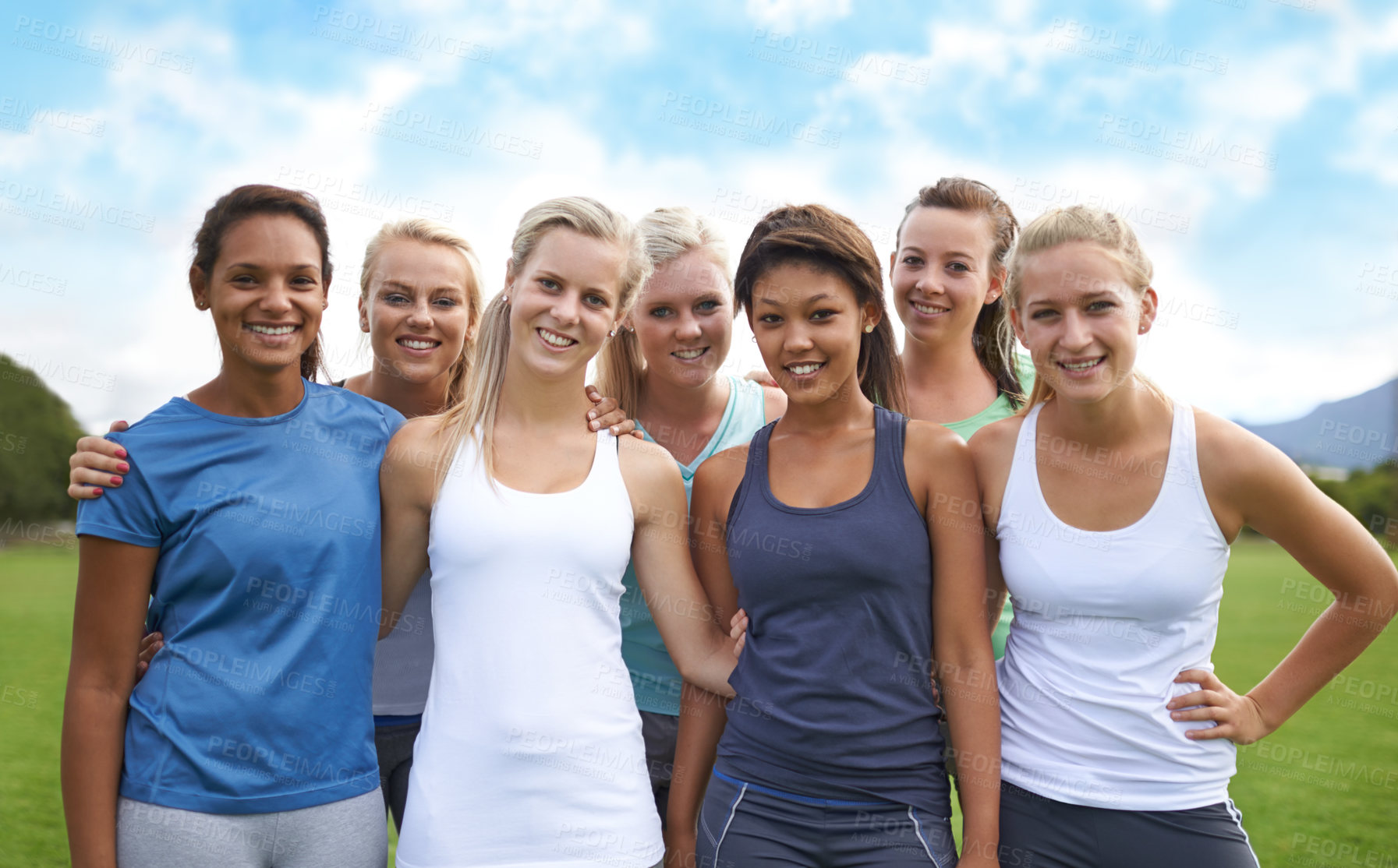 Buy stock photo Group, friends and smile on field with portrait for fitness, sport and exercise with collaboration. Teamwork, people and women with face, health or blue sky outdoor in nature for workout or training