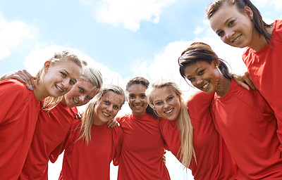 Buy stock photo Team, women and happy with sport portrait for support, celebration or solidarity with blue sky and low angle. Collaboration, athlete and people with smile outdoor for fitness, exercise or competition