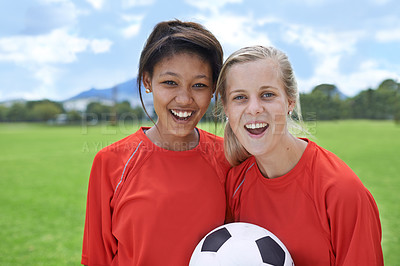 Buy stock photo Girls, soccer players and portrait with ball, happiness and football field for match, competition or game. Fitness, practice and ready for training, outdoor and exercise for athlete, proud or sport
