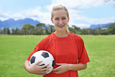 Buy stock photo Woman, field and portrait with soccer ball, happy and football pitch for match, competition or game. Fitness, practice and ready for training, outdoor and exercise for athlete, strong and sport