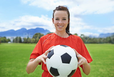 Buy stock photo Woman, soccer player and portrait with ball, confident and football field for match, competition or game. Fitness, practice and ready for training, outdoor and exercise for athlete, strong or sport
