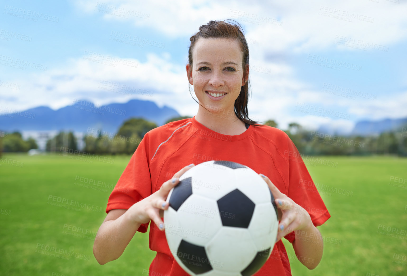 Buy stock photo Woman, soccer player and portrait with ball, confident and football field for match, competition or game. Fitness, practice and ready for training, outdoor and exercise for athlete, strong or sport
