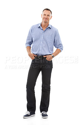 Buy stock photo Fashionable, stylish and portrait of a handsome happy man isolated on a white background in studio. Smile, content and mature businessman with corporate fashion, confidence and style on a backdrop