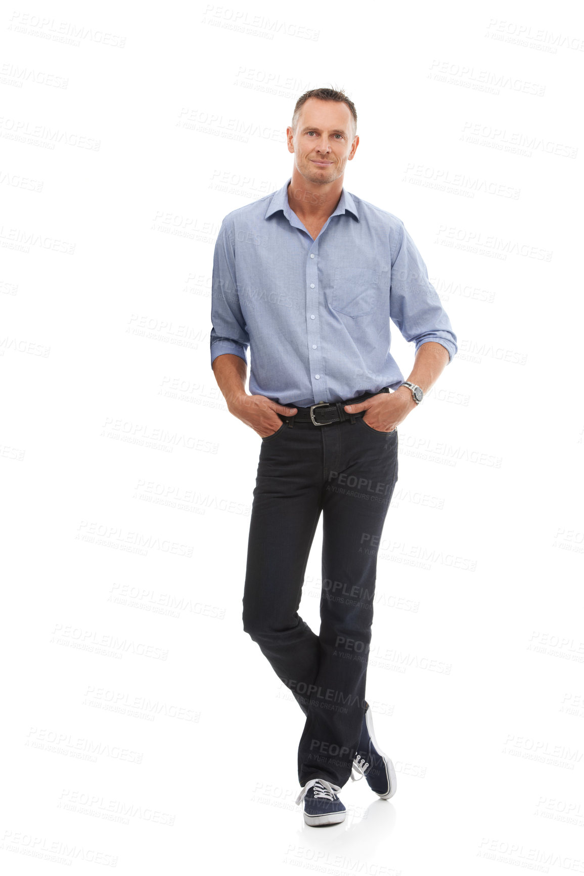Buy stock photo Portrait, mockup and man with fashion, smile and casual outfit with guy isolated on white studio background. Face, male and gentleman with happiness, joyful and calm with stylish clothes and backdrop