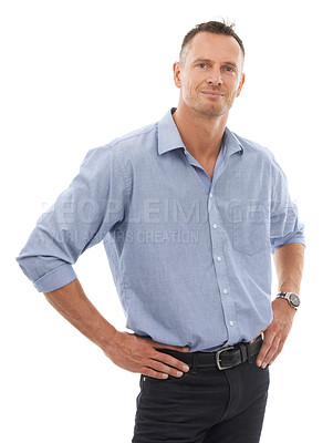 Buy stock photo Portrait, mature and business man in studio isolated on a white background. Boss, ceo and confident, proud and middle aged male entrepreneur from Canada with vision, mission and success mindset.