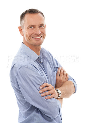 Buy stock photo Arms crossed, pride and portrait of a man with confidence isolated on a white background in a studio. Smile, happiness and mature person with positivity, work vision and motivation on a backdrop