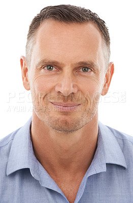Buy stock photo Portrait, face and man with smile looking happy, calm and content isolated against a studio white background. Businessman, entrepreneur or employee confident, handsome and proud wearing a shirt