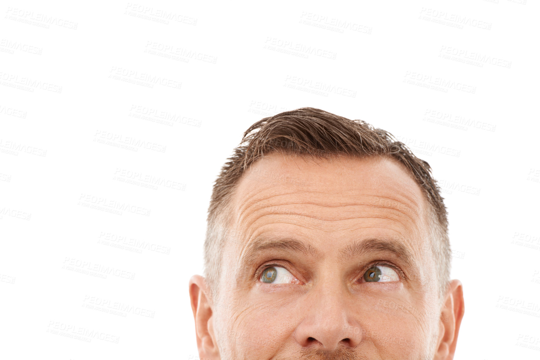 Buy stock photo Closeup, man looking up and mockup for product placement, space and isolated on white studio background. Zoom, male or gentleman with focus, thinking or ideas for advertising campaign or sales growth